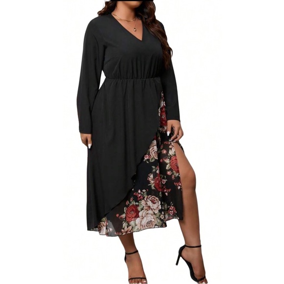 Women's Flower Printed Patchwork Wrap Dress - Picture 4 of 4